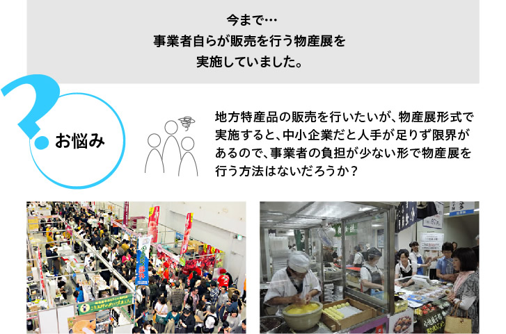 今まで･･･事業者自らが販売を行う物産展を実施していました。お悩み＞＞地方特産品の販売を行いたいが、物産展形式で実施すると、中小企業だと人手が足りず限界があるので、事業者の負担が少ない形で物産展を行う方法はないだろうか？