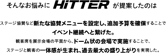 そんなお悩みにHiTTERが提案したのはステージ協賛など新たな協賛メニューを設定し、追加予算を確保することでイベント継続へと繋げた。観客席を展示会場の平面から、ドーム状の会場で実施することで、ステージと観客の一体感が生まれ、過去最大の盛り上がりを実現した。